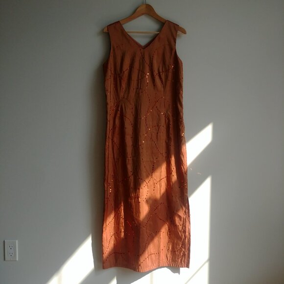 John Bentley iridescent orange midi maxi long sleeveless dress sequins 12 - Picture 5 of 16
